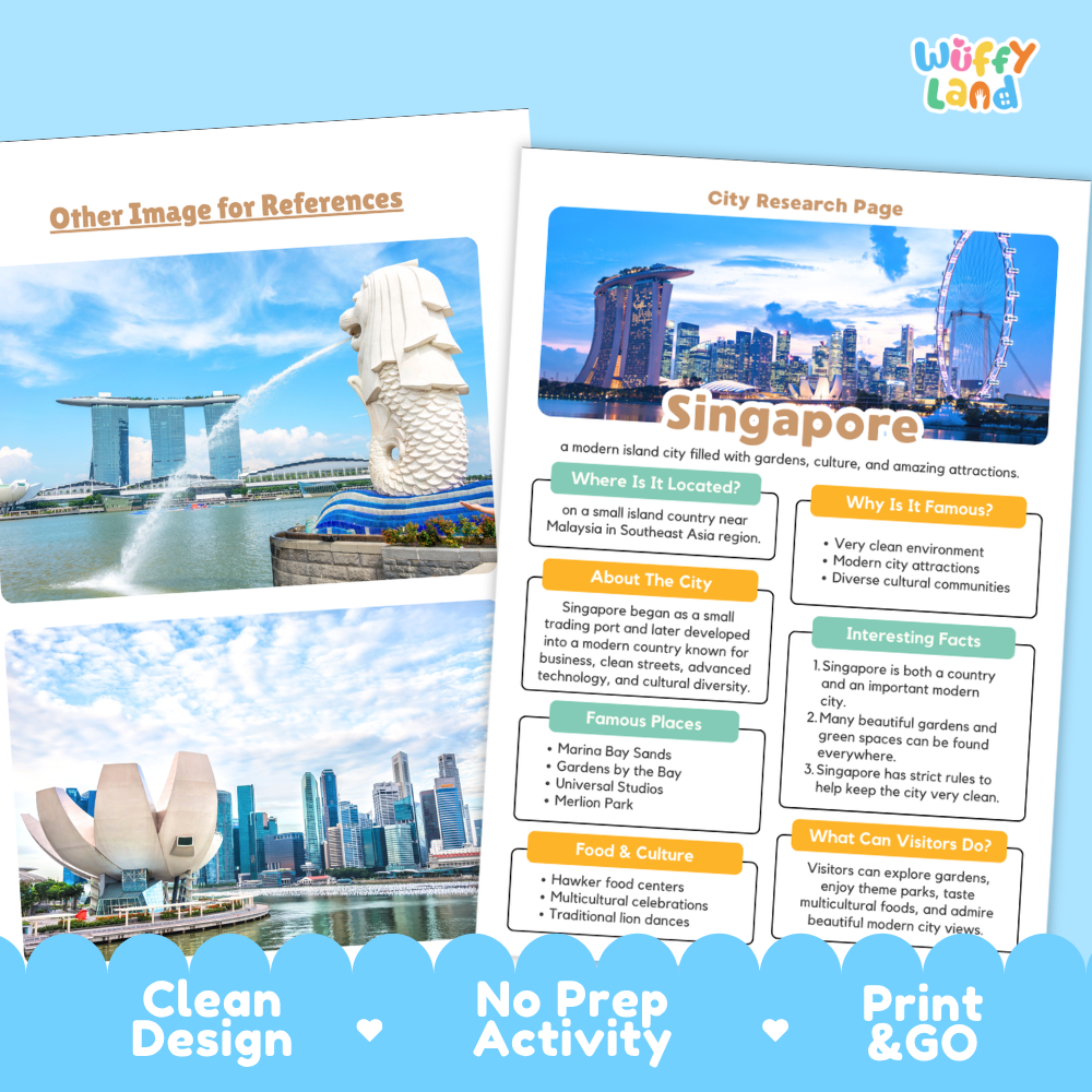 An educational travel activity booklet cover and interior page from 'Wuffiy Land' featuring Singapore. The left page shows the Merlion Park and Marina Bay Sands, while the right page displays a 'City Research Page' about Singapore with text boxes and a map.