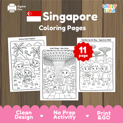 Kids coloring pages featuring Singapore landmarks and scenes, including Sentosa Beach playtime, Jewel Changi Rain Vortex, and Gardens by the Bay Supertree Walk, illustrated in a child-friendly line art style