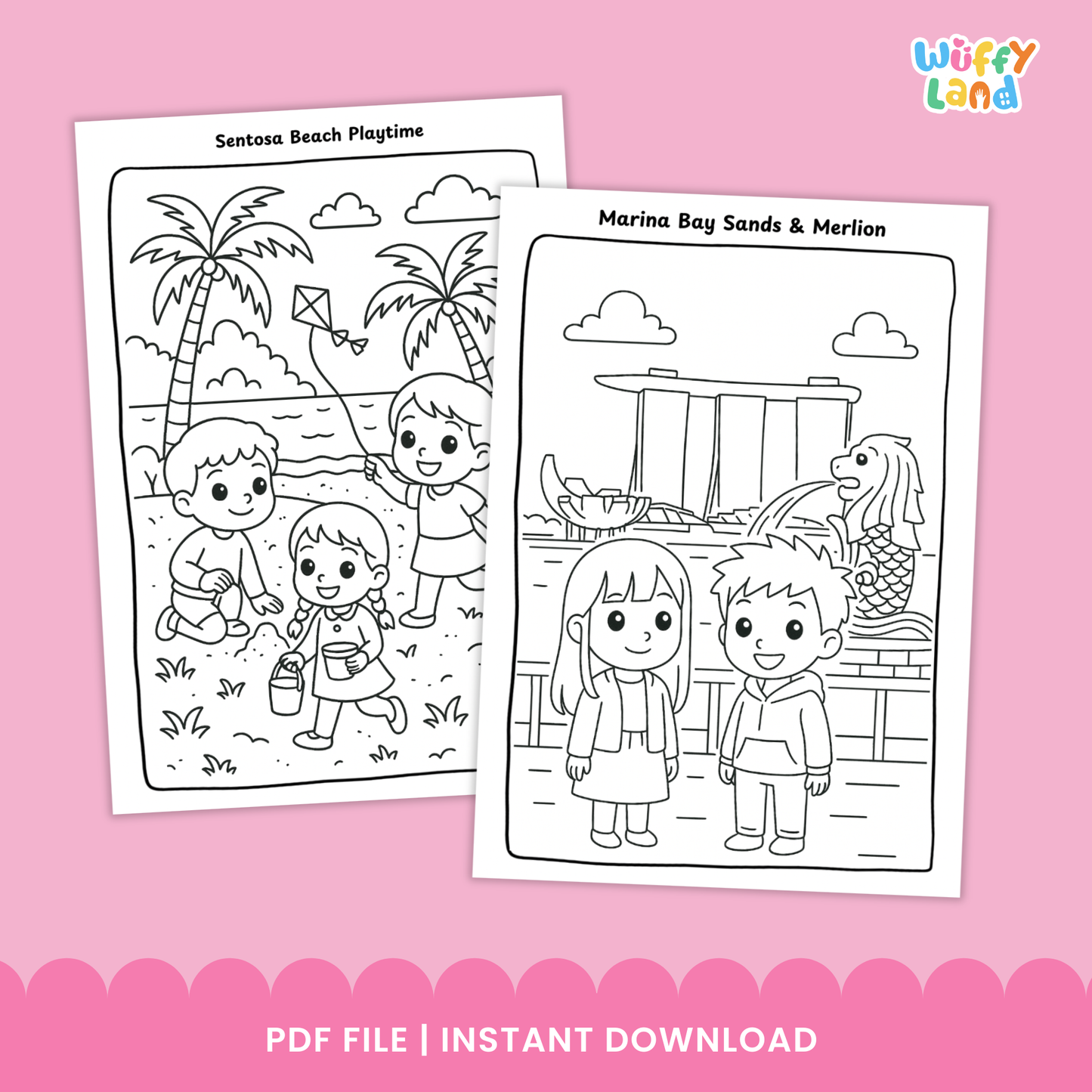 Kids coloring pages featuring Singapore landmarks and scenes, including Sentosa Beach playtime, Jewel Changi Rain Vortex, and Gardens by the Bay Supertree Walk, illustrated in a child-friendly line art style
