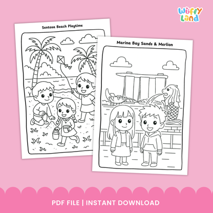 Kids coloring pages featuring Singapore landmarks and scenes, including Sentosa Beach playtime, Jewel Changi Rain Vortex, and Gardens by the Bay Supertree Walk, illustrated in a child-friendly line art style