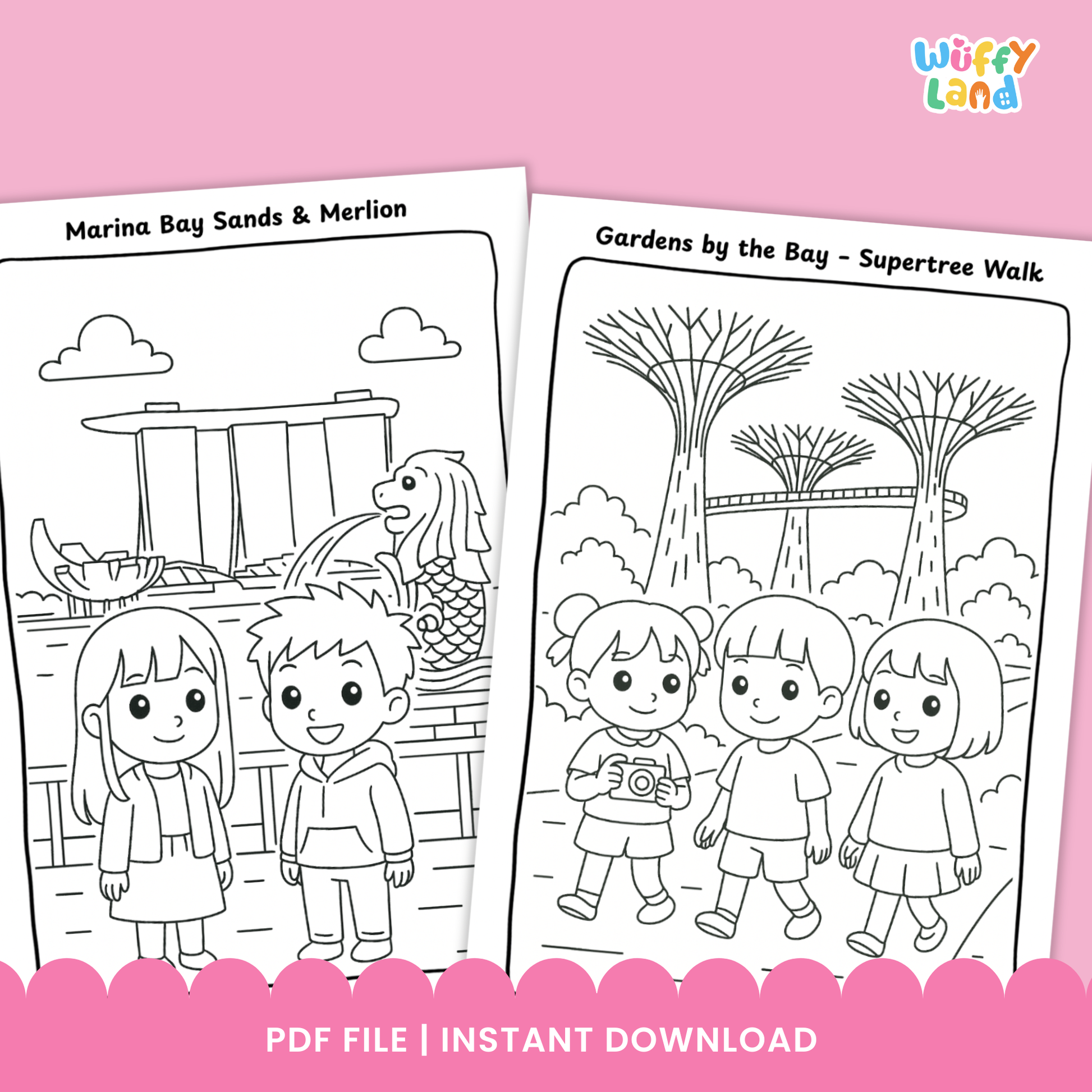 Kids coloring pages featuring Singapore landmarks and scenes, including Sentosa Beach playtime, Jewel Changi Rain Vortex, and Gardens by the Bay Supertree Walk, illustrated in a child-friendly line art style