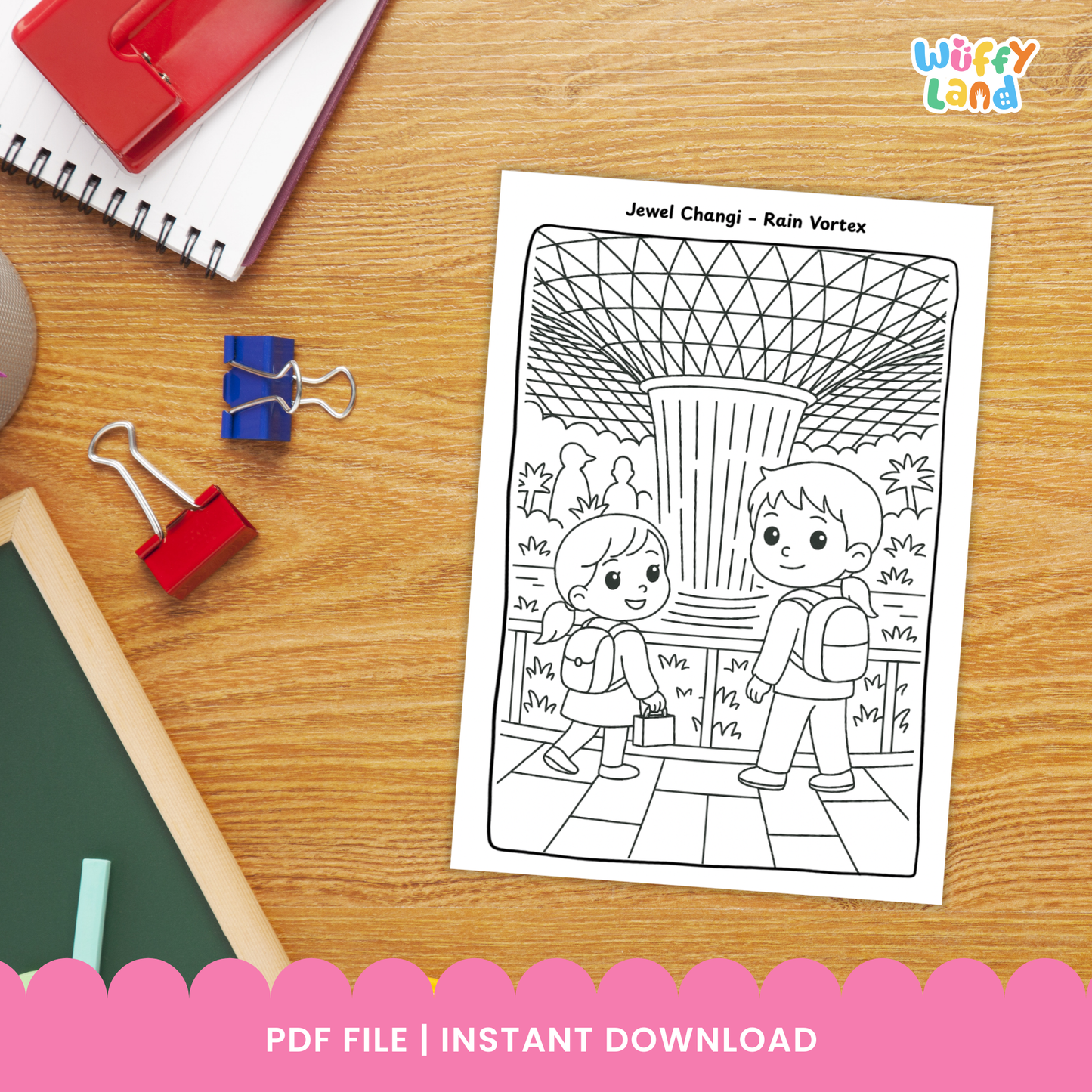 Kids coloring pages featuring Singapore landmarks and scenes, including Sentosa Beach playtime, Jewel Changi Rain Vortex, and Gardens by the Bay Supertree Walk, illustrated in a child-friendly line art style