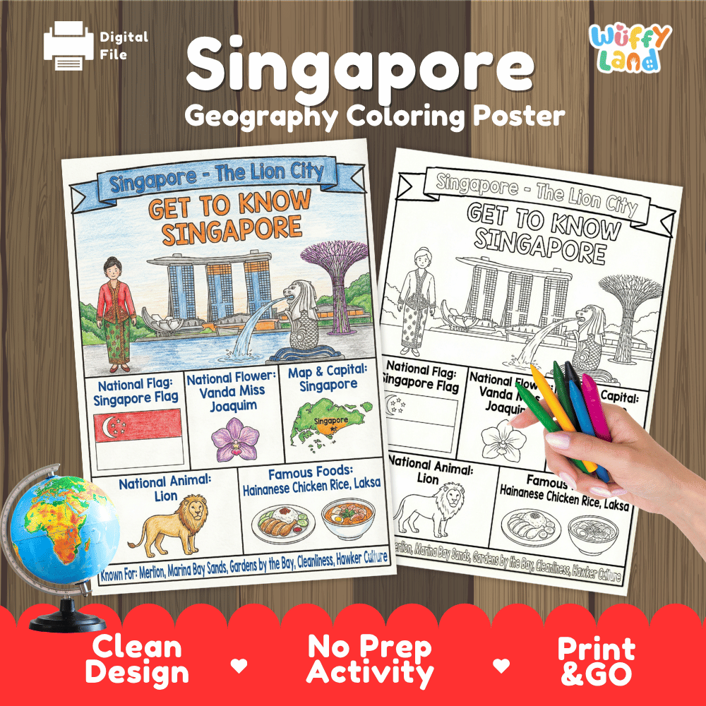 Singapore Geography Coloring Poster and Fact Sheet Printables