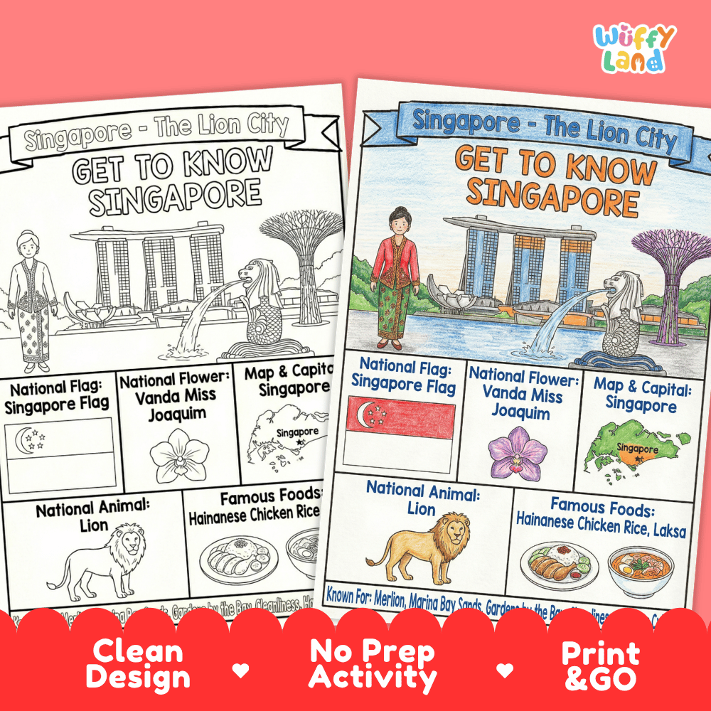 Singapore Geography Coloring Poster and Fact Sheet Printables