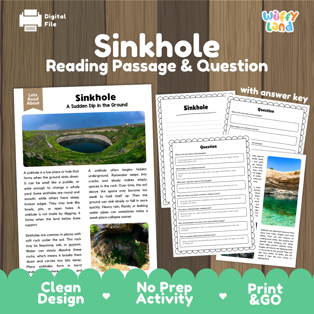 Sinkhole landform reading comprehension passage and questions printable activity pack with answer key for elementary students