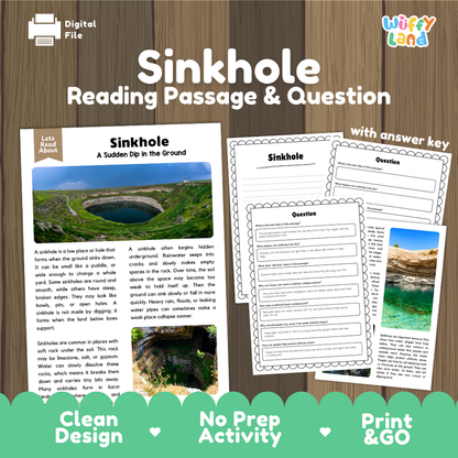 Sinkhole landform reading comprehension passage and questions printable activity pack with answer key for elementary students