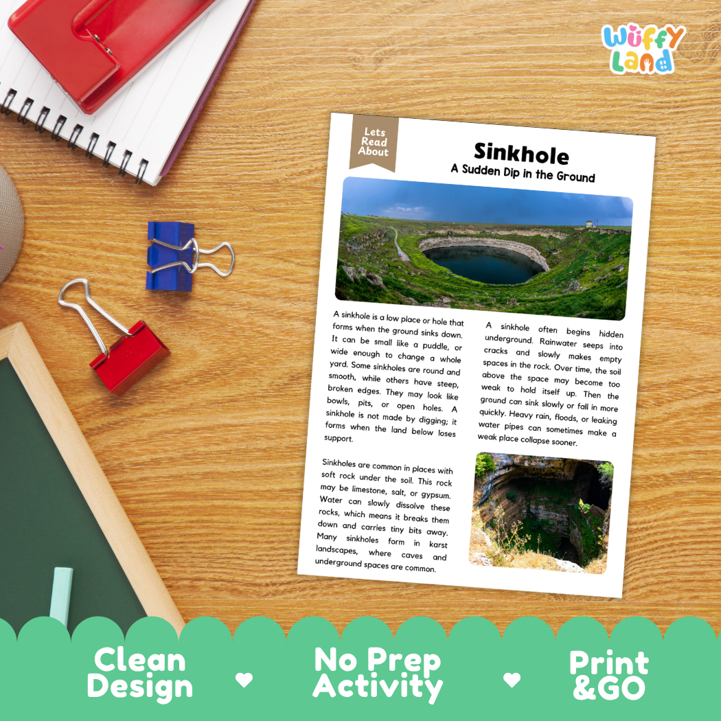 Student reading comprehension worksheet with short-answer questions and handwriting lines about sinkholes