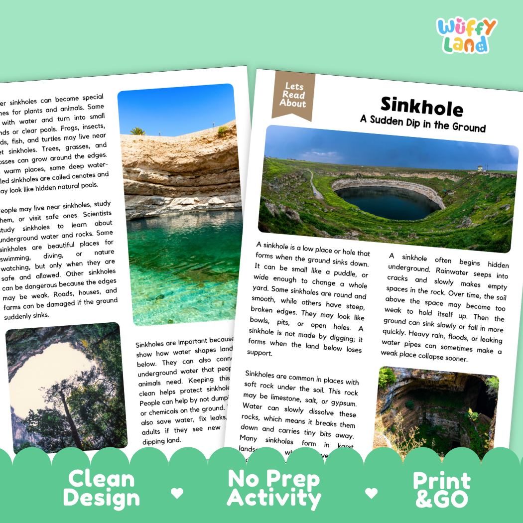Teacher answer key page showing complete question solutions for sinkhole reading comprehension practice