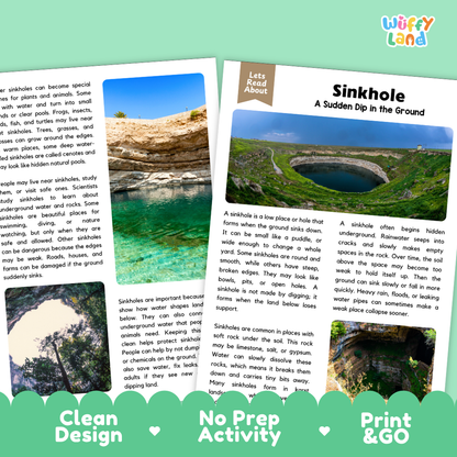 Teacher answer key page showing complete question solutions for sinkhole reading comprehension practice