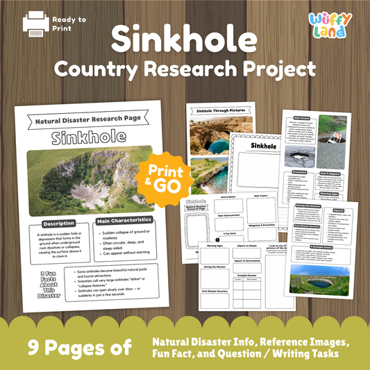 Printable sinkhole research project for students featuring a main sinkhole information page, real sinkhole photo examples, characteristics and descriptions, causes and prevention sections, impacts and recovery worksheets, and guided research templates designed for elementary and middle school learners.
