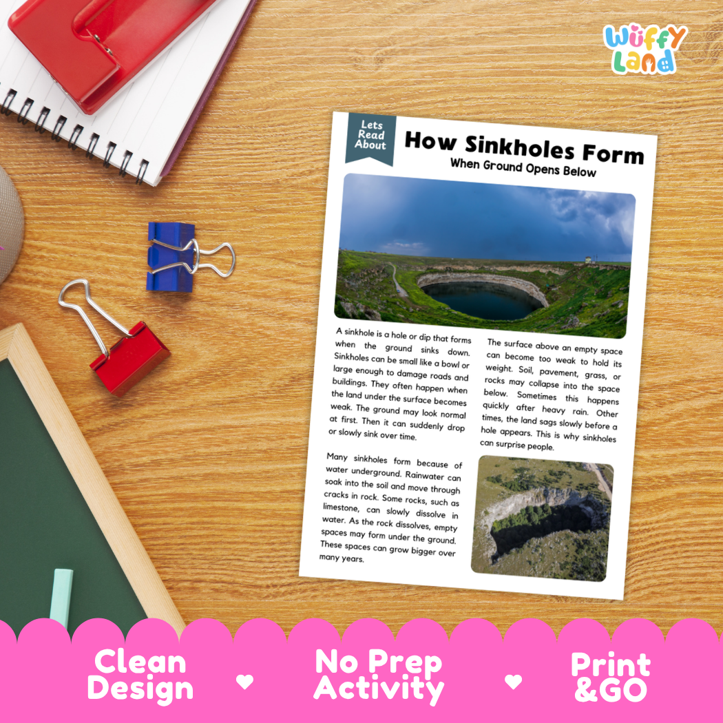 Printable student worksheet with short-answer reading comprehension questions covering sinkholes and earth science