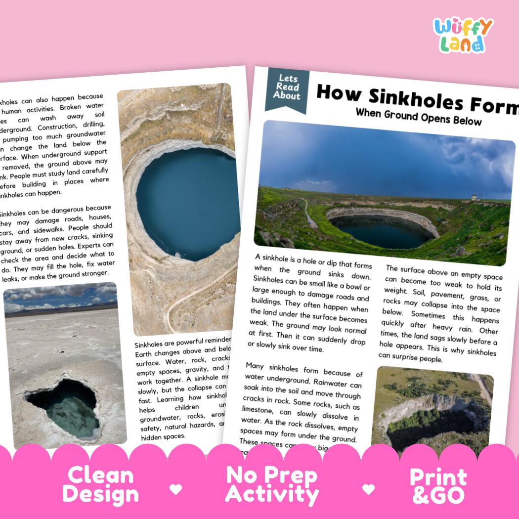 Complete teacher answer key worksheet providing detailed model responses for sinkhole comprehension questions