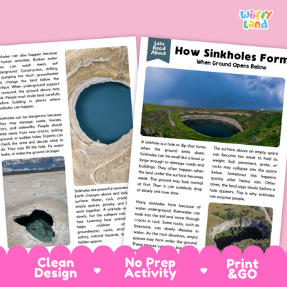 Complete teacher answer key worksheet providing detailed model responses for sinkhole comprehension questions