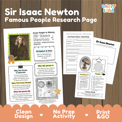 Sir Isaac Newton Famous People Research Page Worksheets