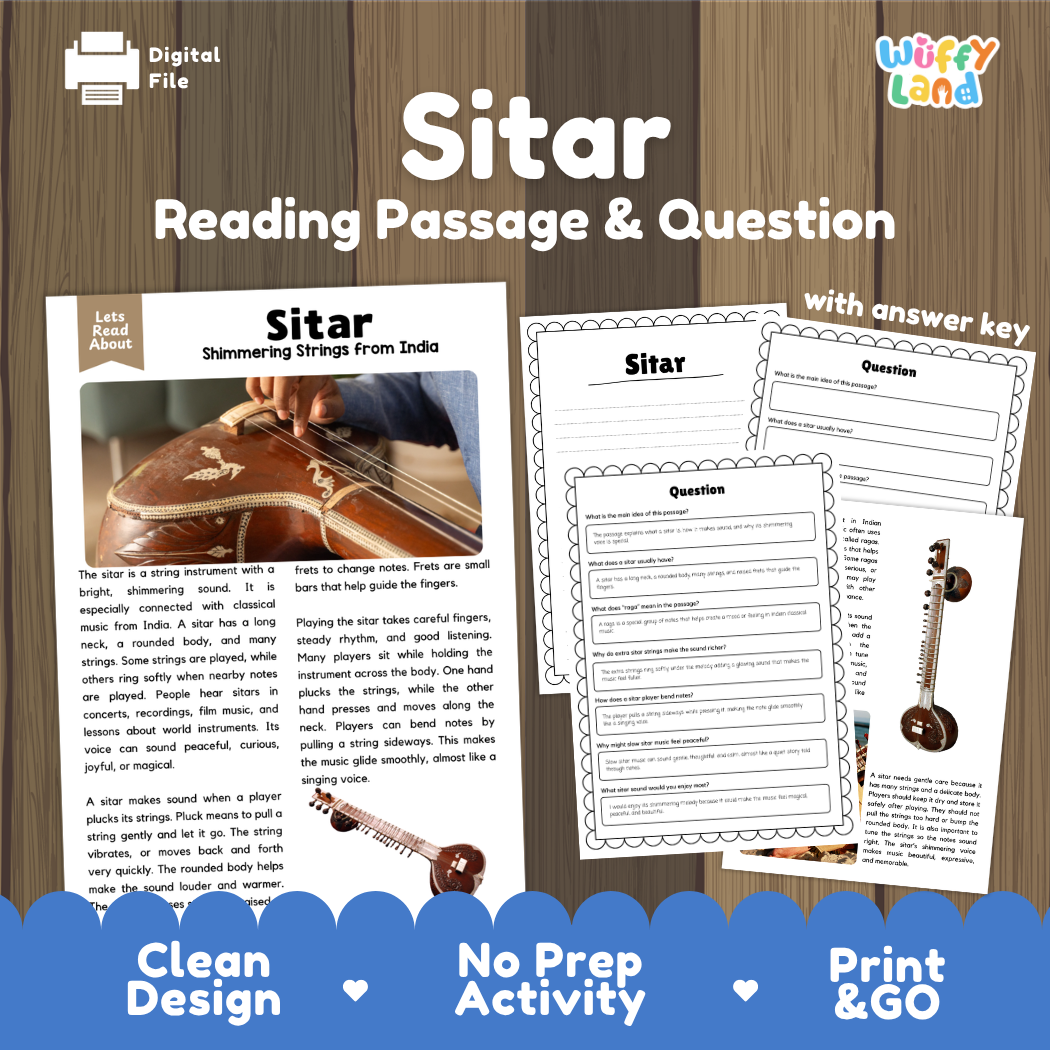 Sitar reading comprehension passage and questions printable activity pack with answer key for elementary students