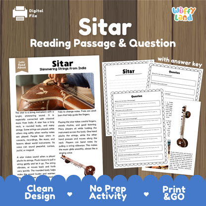 Sitar reading comprehension passage and questions printable activity pack with answer key for elementary students