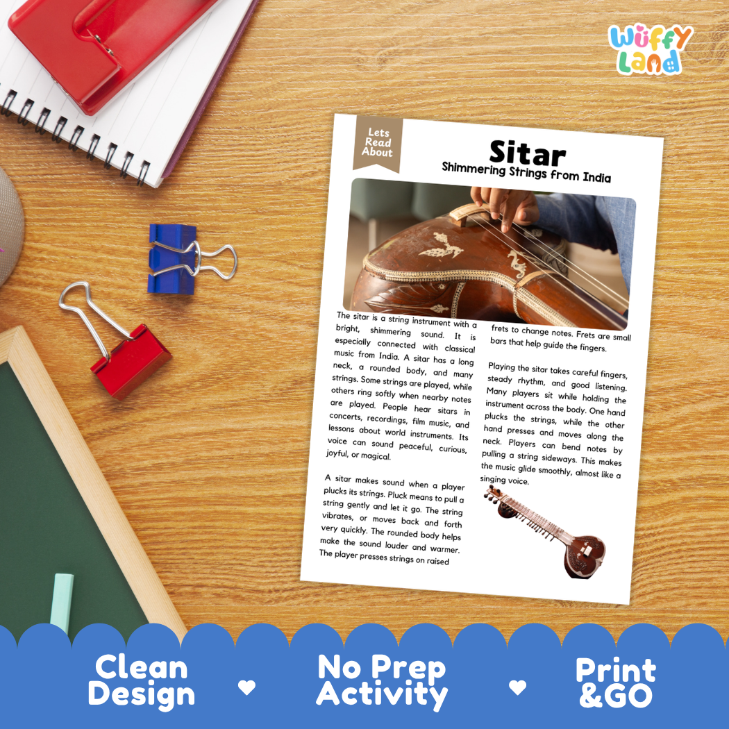 Student reading comprehension worksheet with short-answer questions and lined sections about the sitar instrument