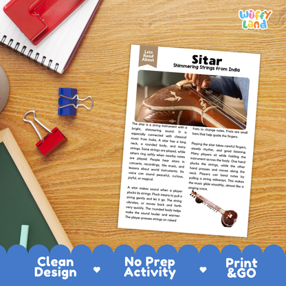 Student reading comprehension worksheet with short-answer questions and lined sections about the sitar instrument