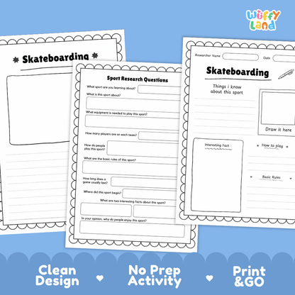 Skateboarding Sport Research Project Worksheets and Fact Sheet