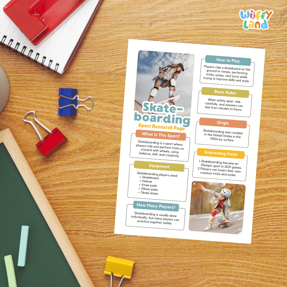 Skateboarding Sport Research Project Worksheets and Fact Sheet