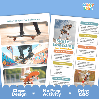 Skateboarding Sport Research Project Worksheets and Fact Sheet