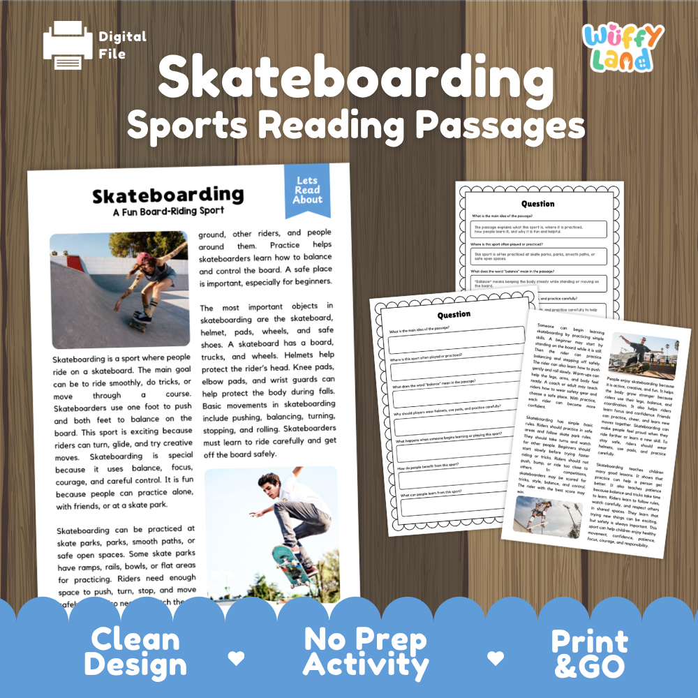 Skateboarding Sports Reading Passages Worksheets and Comprehension Activity