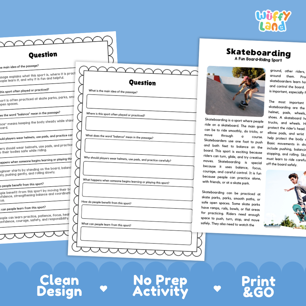 Skateboarding Sports Reading Passages Worksheets and Comprehension Activity