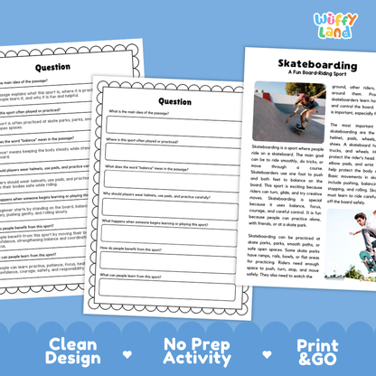 Skateboarding Sports Reading Passages Worksheets and Comprehension Activity