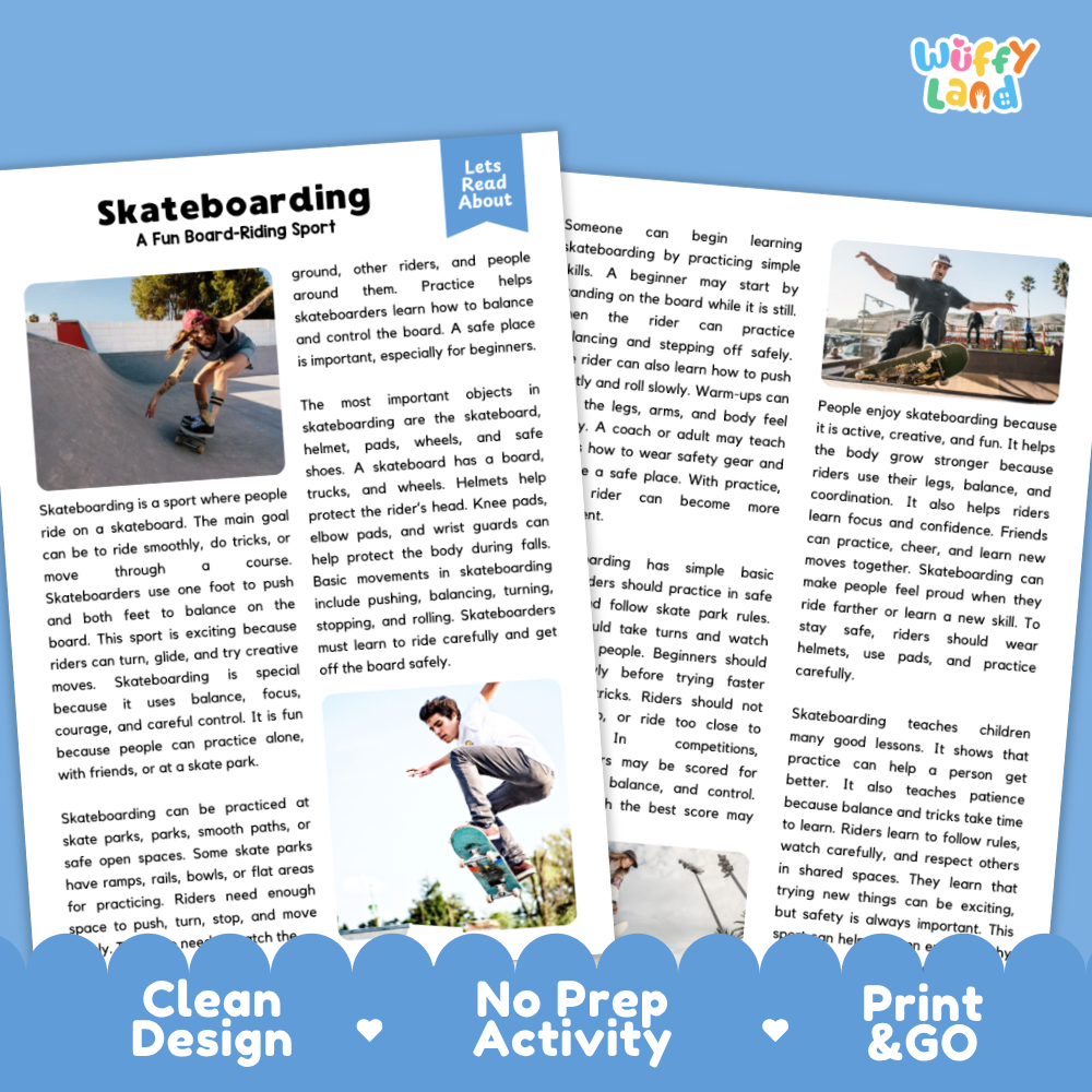 Skateboarding Sports Reading Passages Worksheets and Comprehension Activity