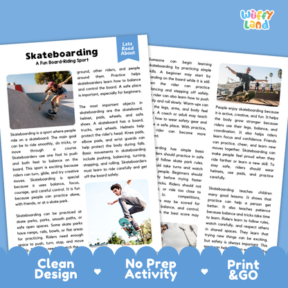 Skateboarding Sports Reading Passages Worksheets and Comprehension Activity