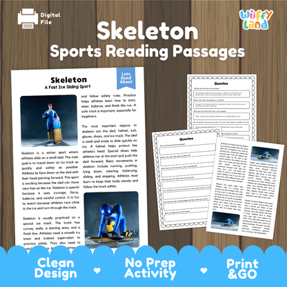 Skeleton Sports Reading Passages and Comprehension Questions Worksheets