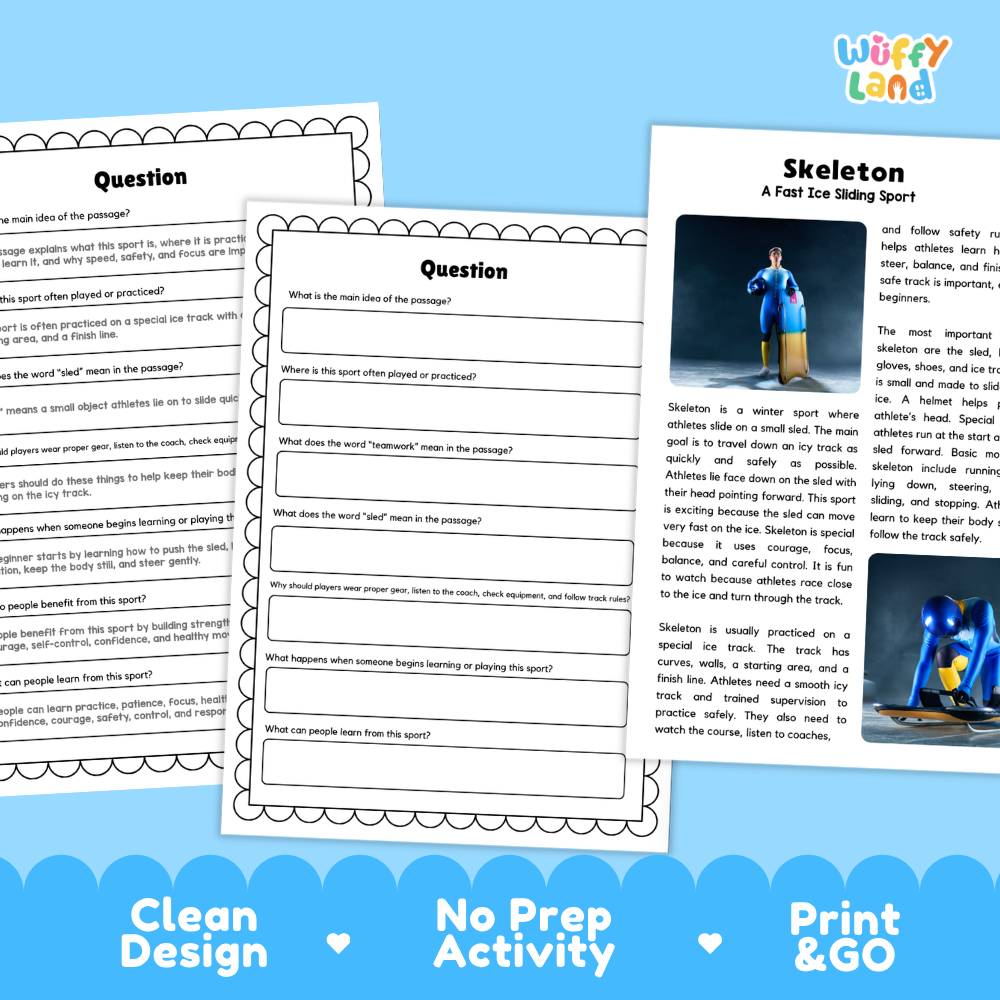 Skeleton Sports Reading Passages and Comprehension Questions Worksheets