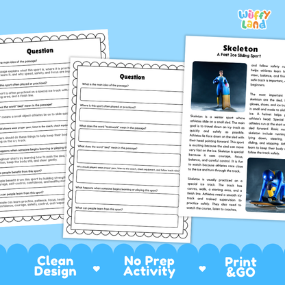 Skeleton Sports Reading Passages and Comprehension Questions Worksheets
