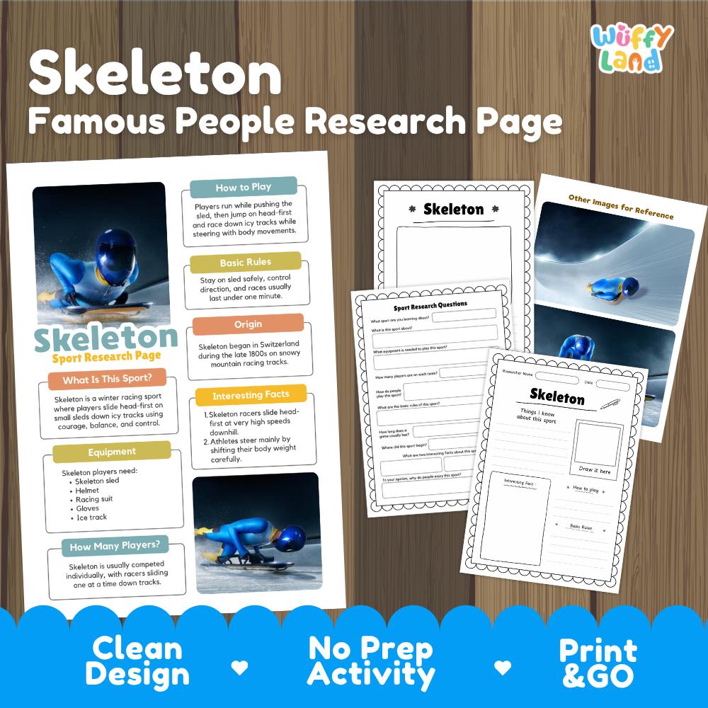 Skeleton Winter Sport Research Project Worksheets and Fact Sheet