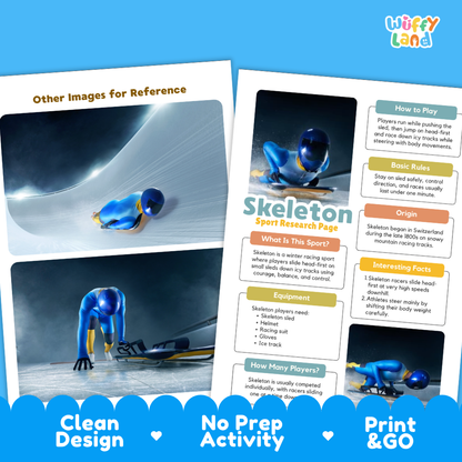 Skeleton Winter Sport Research Project Worksheets and Fact Sheet