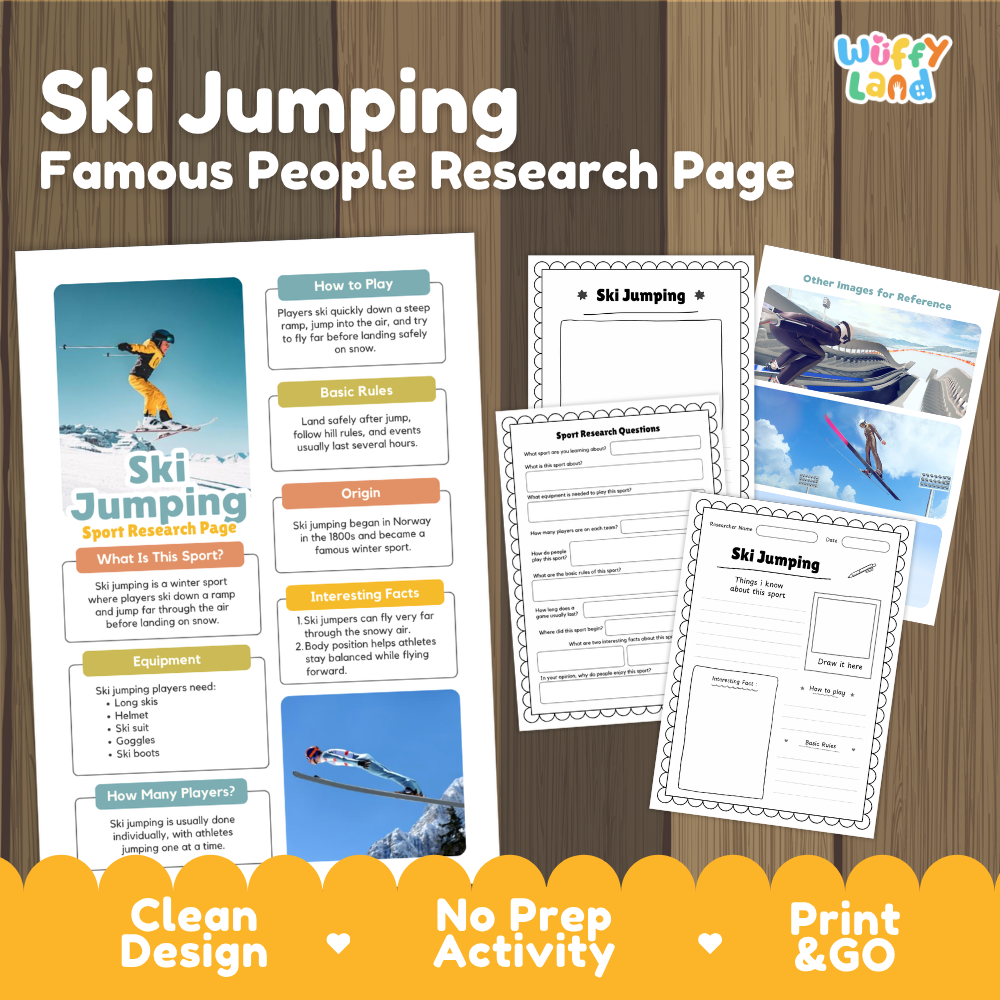A ski jumping themed educational activity sheet set by Wiffy Land, featuring a main research page and several worksheet pages displayed on a wood background with promotional text at the bottom.