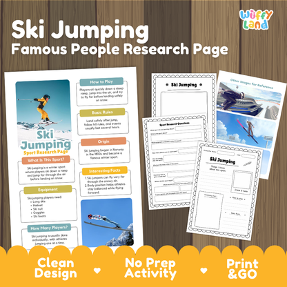 A ski jumping themed educational activity sheet set by Wiffy Land, featuring a main research page and several worksheet pages displayed on a wood background with promotional text at the bottom.