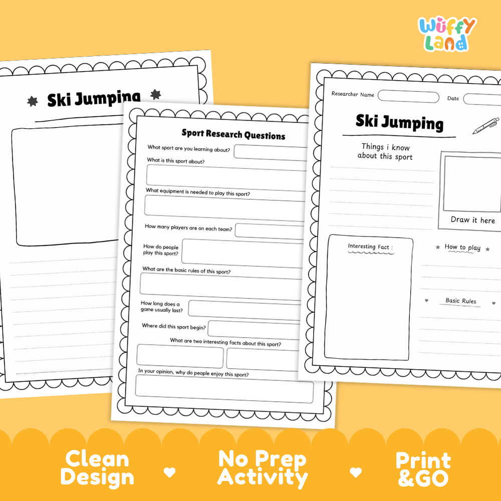 Three printable worksheet pages for 'Ski Jumping' by Wiffly Land, displayed on a bright yellow background with promotional text at the bottom highlighting 'Clean Design', 'No Prep Activity', and 'Print & GO'.