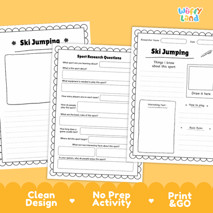 Three printable worksheet pages for 'Ski Jumping' by Wiffly Land, displayed on a bright yellow background with promotional text at the bottom highlighting 'Clean Design', 'No Prep Activity', and 'Print & GO'.