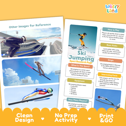 Two printed ski jumping educational posters displayed on a yellow background. The left poster is titled 'Other Images for Reference' with photos of skiers, and the right poster is titled 'Ski Jumping Sport Research Facts' with text boxes about how to play, basic rules, origin, equipment, and interesting facts.