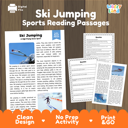 A digital product preview for 'Ski Jumping Sports Reading Passages' by Wiffly Land, showing a book cover, two worksheet pages, and promotional text banners on a wood-grain background.