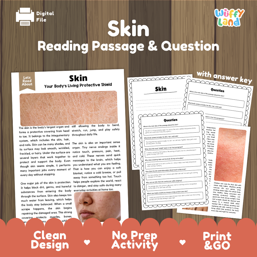 Skin reading comprehension passage and questions printable activity pack with answer key for elementary students