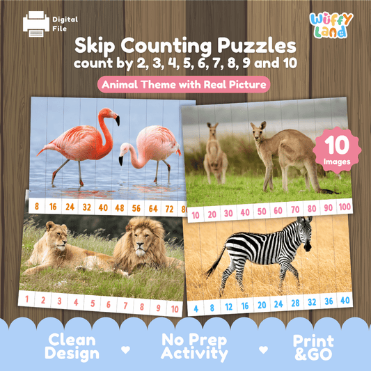 Skip counting puzzles animal theme 10 images printable math pack overview from Wuffy Land featuring real wildlife photo strip puzzles 🦩🦓