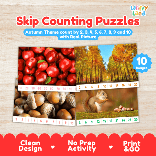 Skip counting puzzles autumn theme 10 images printable math pack overview from Wuffy Land featuring real fall photo strip puzzles 🍂🍎