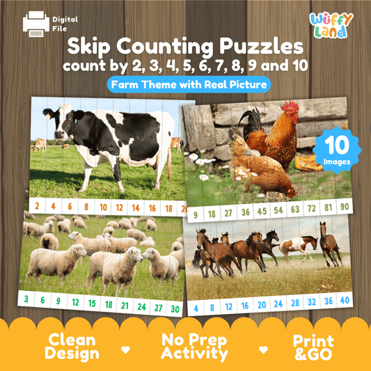Skip counting puzzles farm theme 10 images printable math pack overview from Wuffy Land featuring real animal photo strip puzzles 🐮🌾