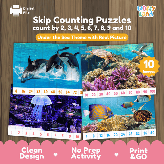 Skip counting puzzles under the sea theme 10 images printable math pack overview from Wuffy Land featuring real ocean photo strip puzzles 🐬🐢