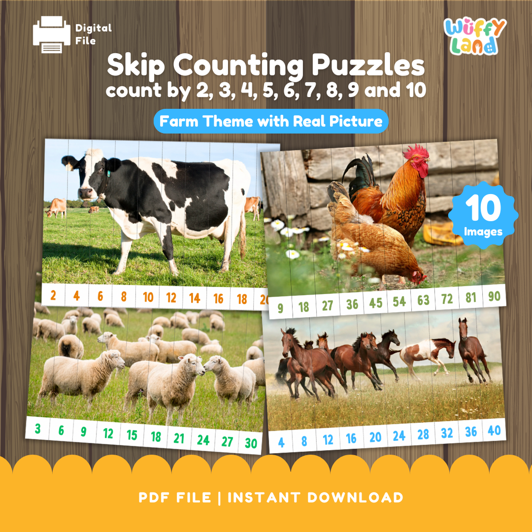 Skip Counting Puzzles with farm animals on a wooden background