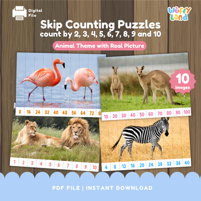 Skip counting puzzles with animal-themed images on a wooden background