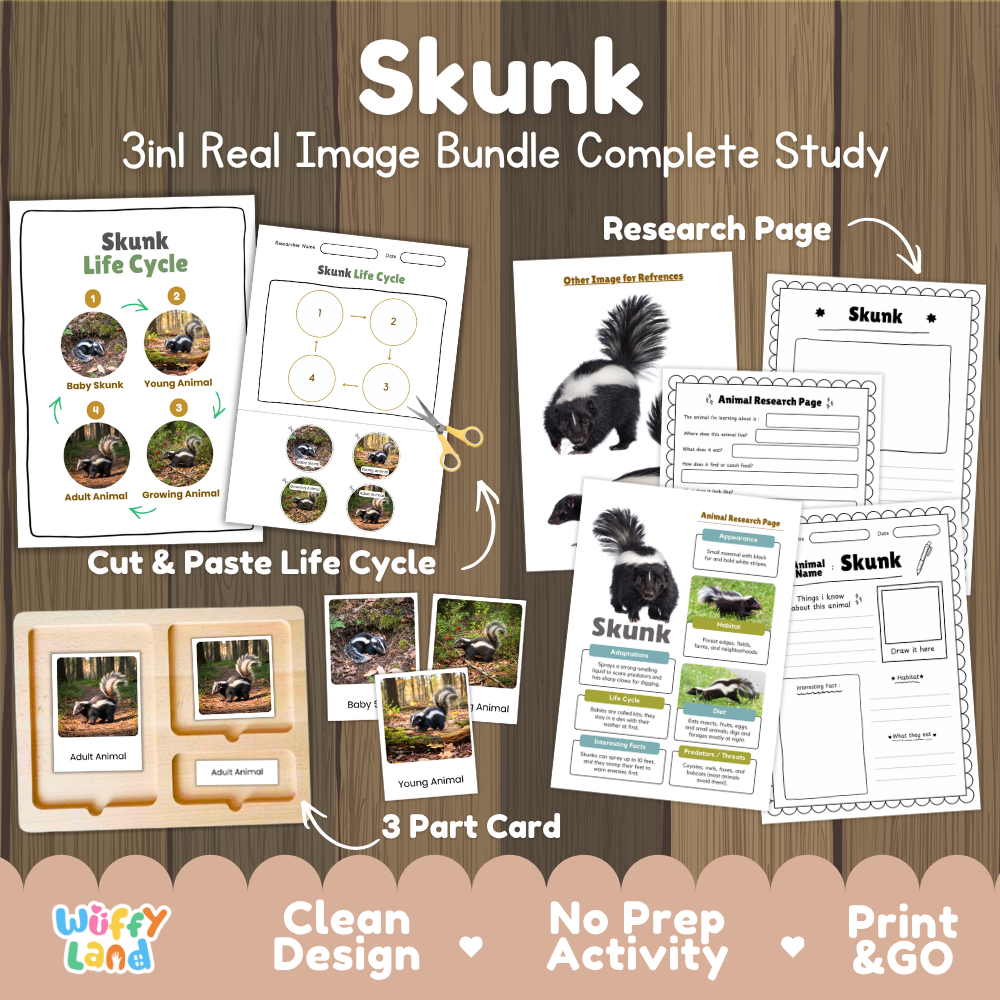 Skunk 3-in-1 real image bundle complete study cover showing cut and paste life cycle, 3 part cards, and research pages