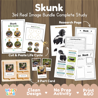 Skunk 3-in-1 real image bundle complete study cover showing cut and paste life cycle, 3 part cards, and research pages